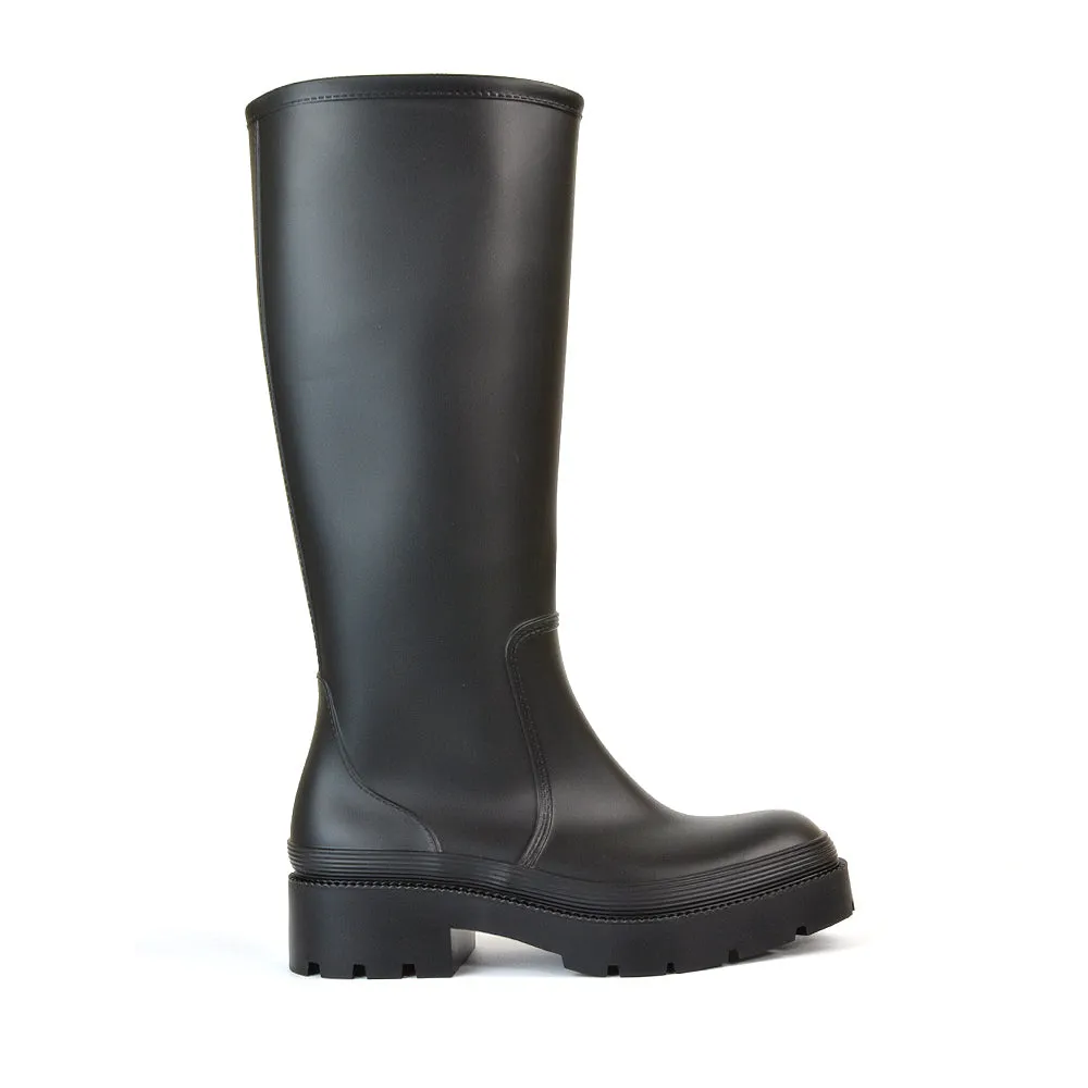 Sonny Flat Chunky Knee High Wellington Boots in Green