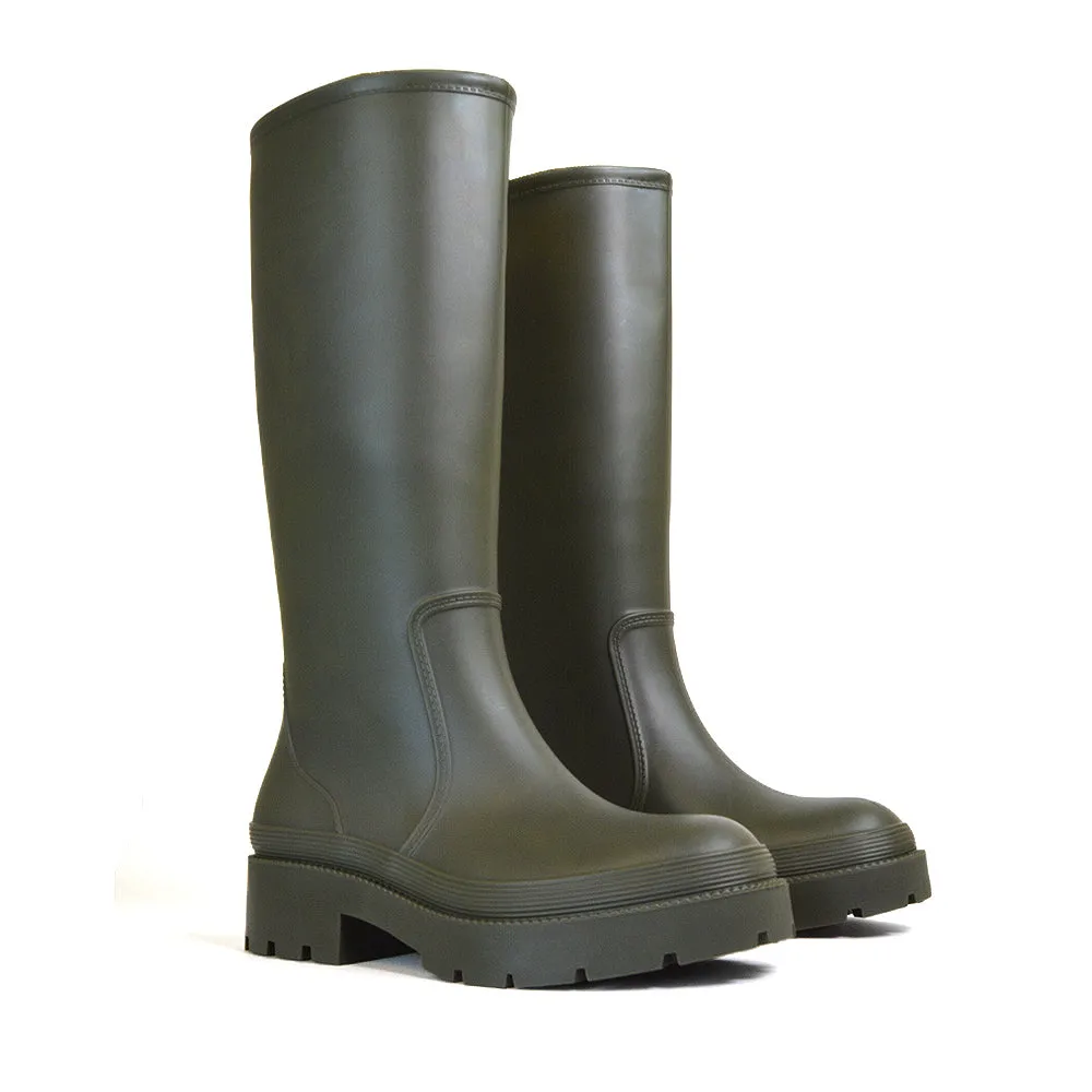 Sonny Flat Chunky Knee High Wellington Boots in Green