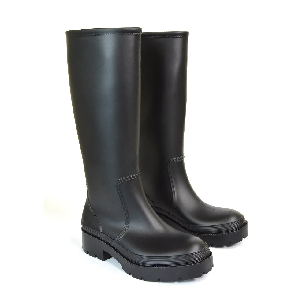 Sonny Flat Chunky Knee High Wellington Boots in Green