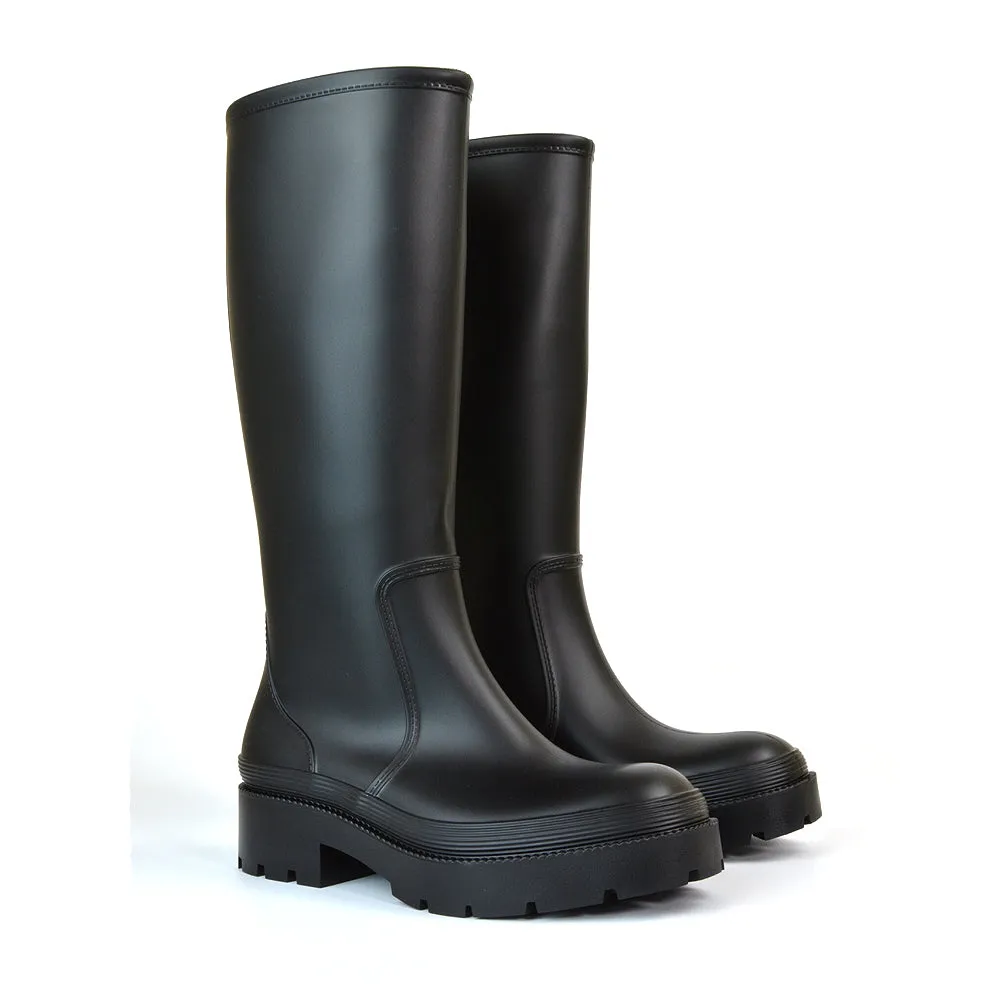 Sonny Flat Chunky Knee High Wellington Boots in Green