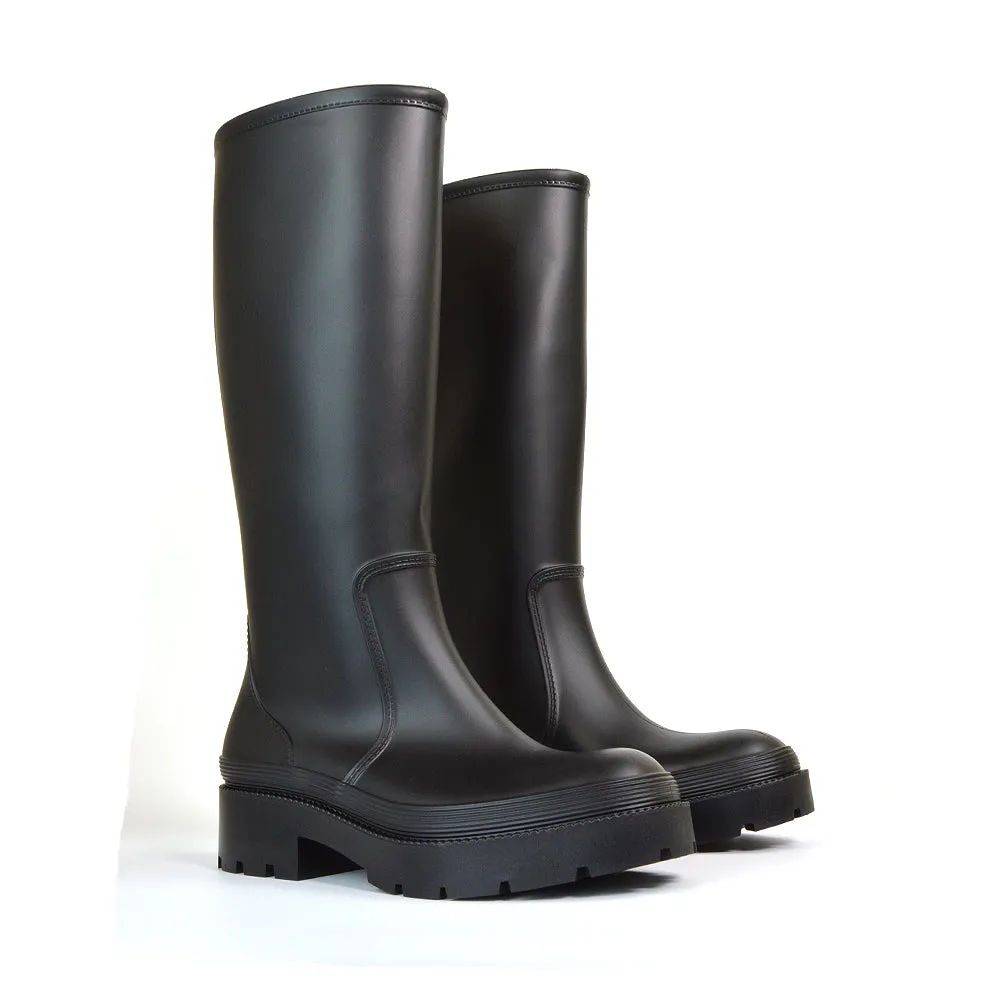 Sonny Flat Chunky Knee High Wellington Boots in Green