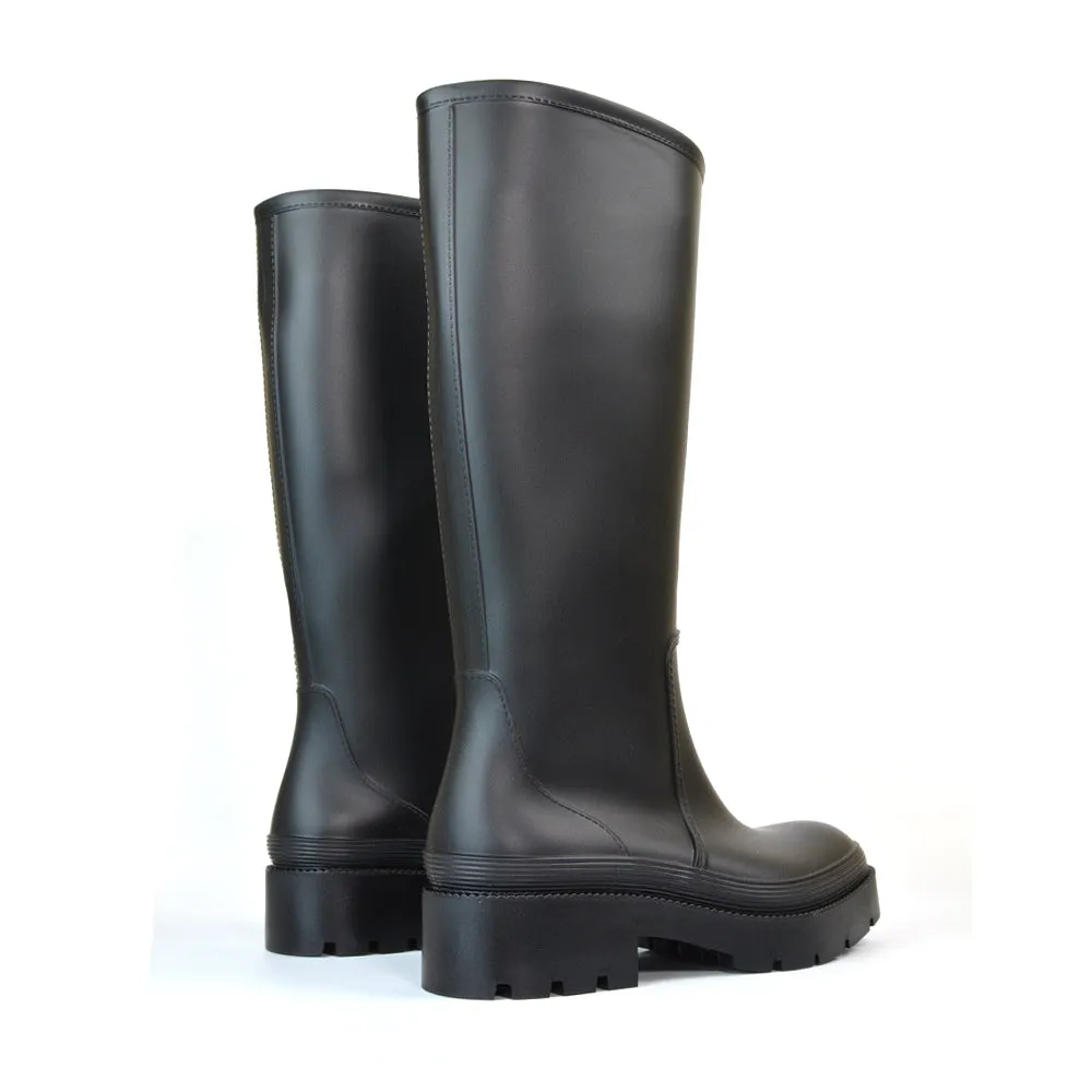 Sonny Flat Chunky Knee High Wellington Boots in Green