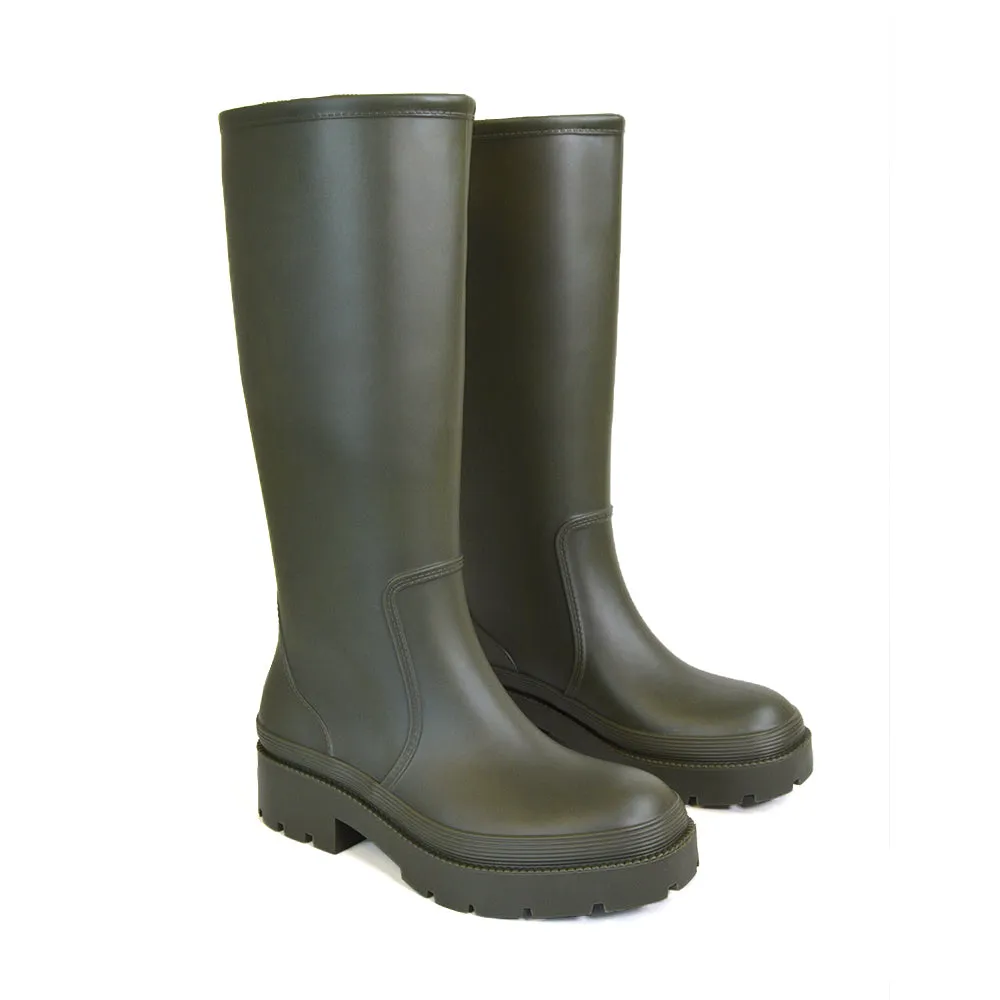 Sonny Flat Chunky Knee High Wellington Boots in Green