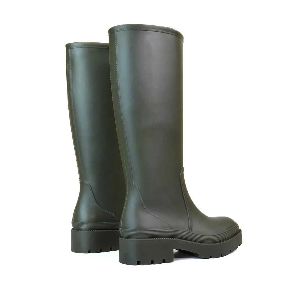 Sonny Flat Chunky Knee High Wellington Boots in Green