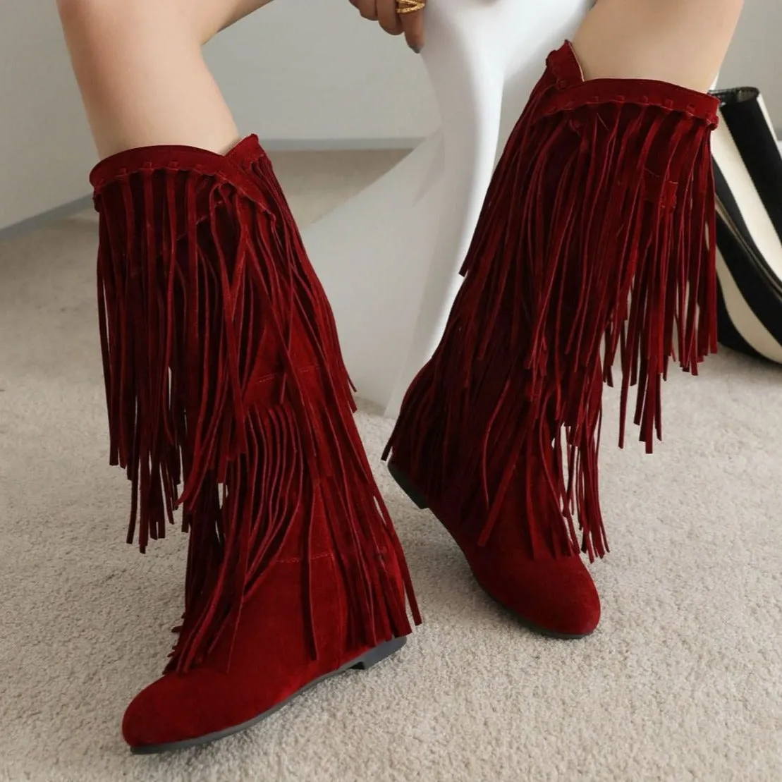 Vintage faux suede mid calf fringe boots tan brown western boots