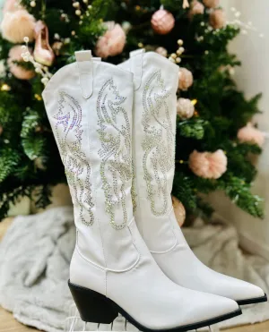 WHITE RHINESTONE METALLIC WESTERN COWBOY BOOTS