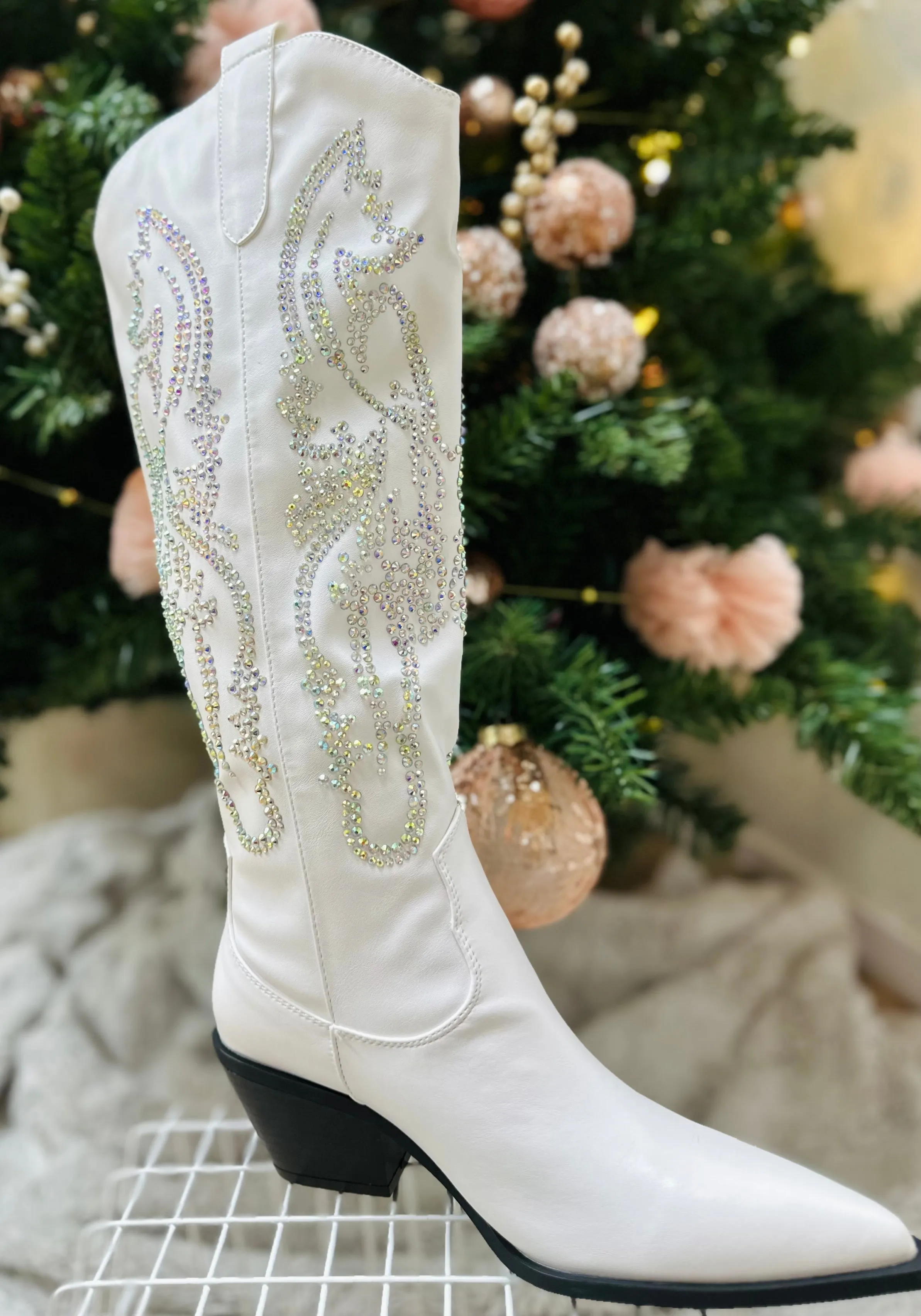 WHITE RHINESTONE METALLIC WESTERN COWBOY BOOTS