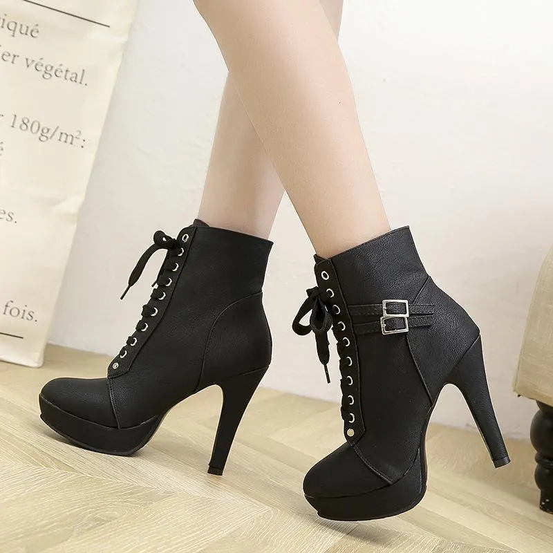 Women buckle strap lace up solid color stiletto heeled booties