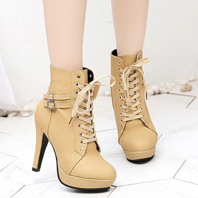Women buckle strap lace up solid color stiletto heeled booties