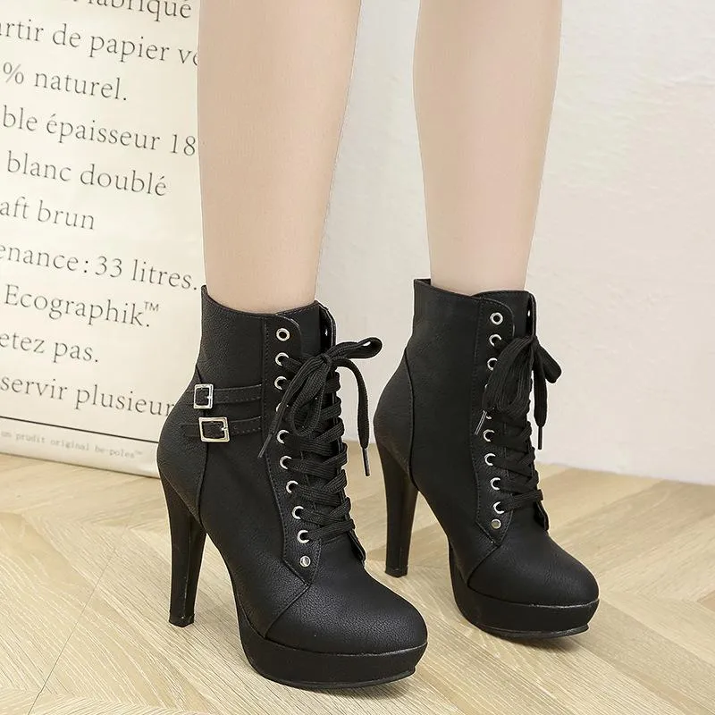 Women buckle strap lace up solid color stiletto heeled booties