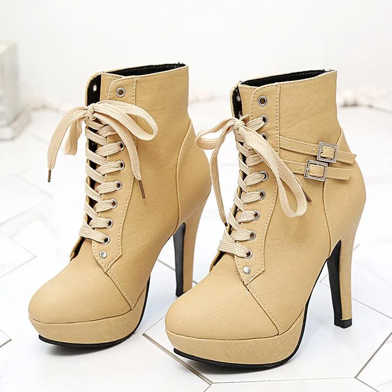 Women buckle strap lace up solid color stiletto heeled booties