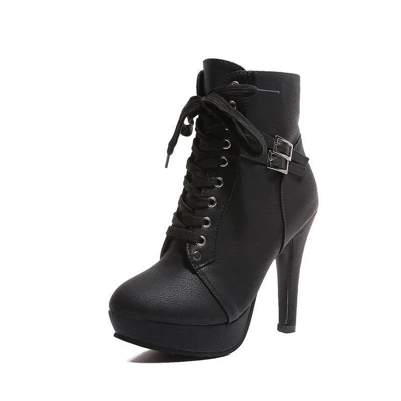 Women buckle strap lace up solid color stiletto heeled booties