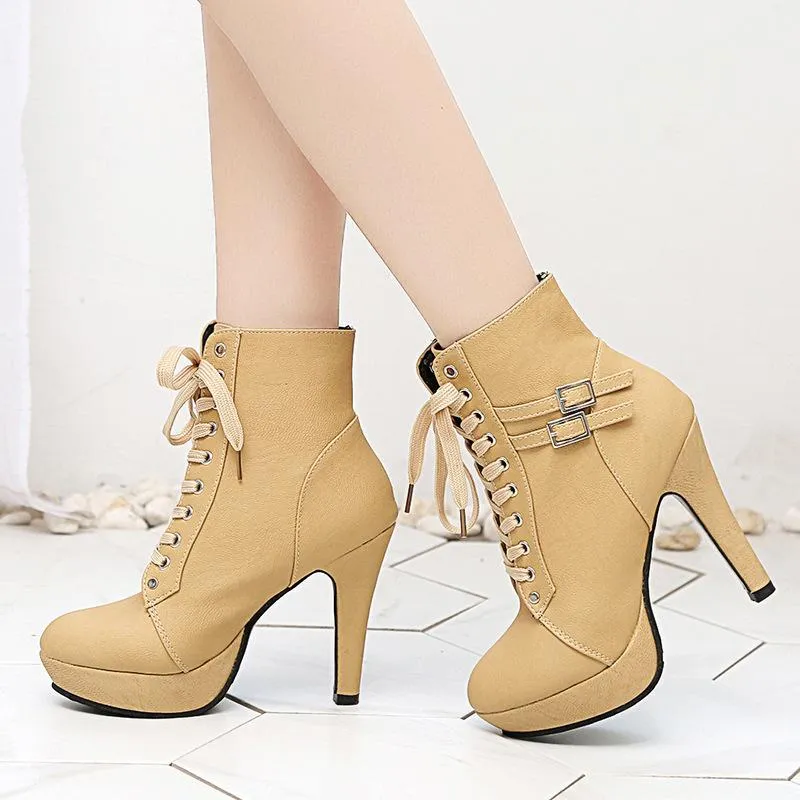 Women buckle strap lace up solid color stiletto heeled booties