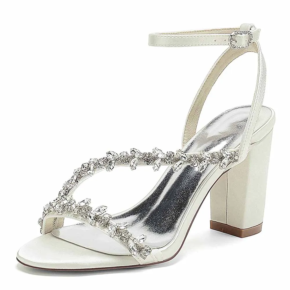 Women Rhinestones Heels Chunky Block Sandals Prom Heels