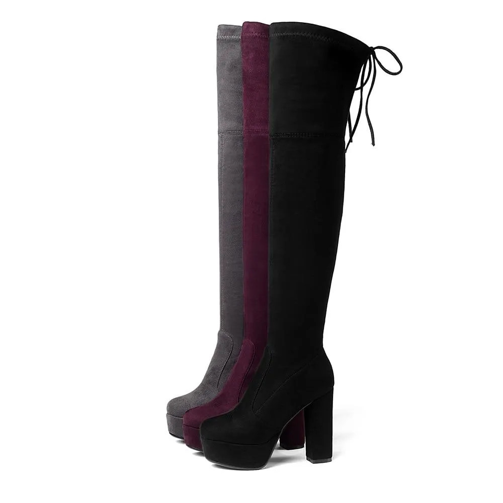 Women's suede stretch platform high heeled thigh high boots sexy tall boots for winter
